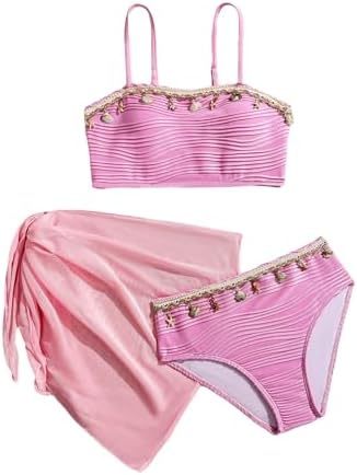 Girl's 3 Piece Swimsuits Seashell Cute Cover Up Skirt, Pink