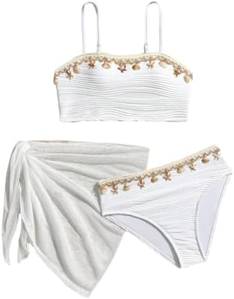 Girl's 3 Piece Swimsuits Seashell Cute Cover Up Skirt, White