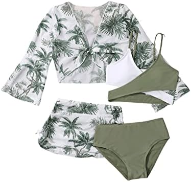 Girl's 4 Piece Swimwear Crisscross Bikini Sets with Tropical Print Cover Up
