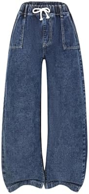 Girl's Baggy Jeans Drawstring High Waisted Wide Leg Loose, Dark Wash