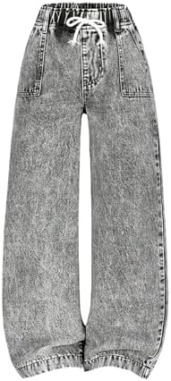 Girl's Baggy Jeans Drawstring High Waisted Wide Leg Loose, Grey