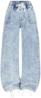 Girl's Baggy Jeans Drawstring High Waisted Wide Leg Loose Denim Pants with