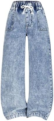 Girl's Baggy Jeans Drawstring High Waisted Wide Leg Loose, Medium Wash