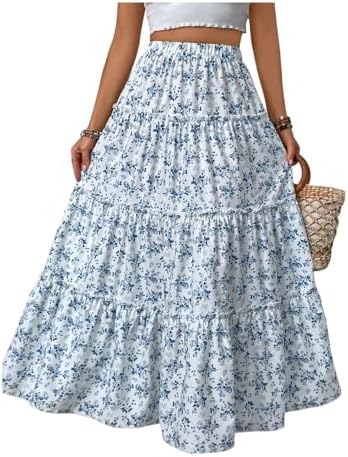 Girl's Boho Summer Going Out Skirts Floral Print Ruffle, Blue Disty