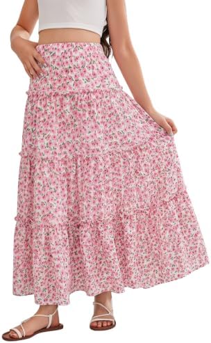 Girl's Boho Summer Going Out Skirts Floral Print Ruffle, Floral Pink