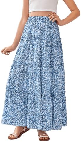 Girl's Boho Summer Going Out Skirts Floral Print Ruffle Flowy Long Maxi Skirt