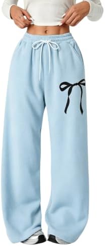 Girl's Bow Baggy Sweatpants Wide Leg Athletic Pants with, Light Blue