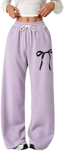 Girl's Bow Baggy Sweatpants Wide Leg Athletic Pants with, Mauve Purple