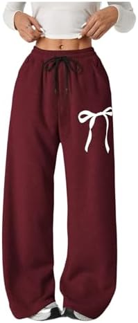 Girl's Bow Baggy Sweatpants Wide Leg Athletic Pants with, Burgundy