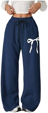 Girl's Bow Baggy Sweatpants Wide Leg Athletic Pants with, Dark Blue