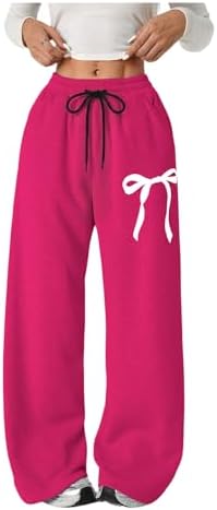Girl's Bow Baggy Sweatpants Wide Leg Athletic Pants with, Hot Pink