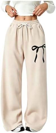 Girl's Bow Baggy Sweatpants Wide Leg Athletic Pants with, Beige