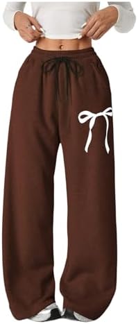 Girl's Bow Baggy Sweatpants Wide Leg Athletic Pants with, Brown