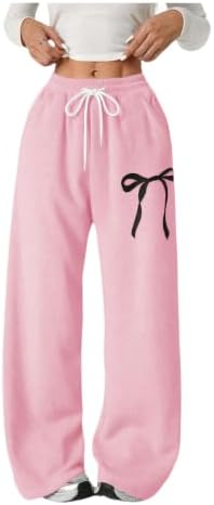 Girl's Bow Baggy Sweatpants Wide Leg Athletic Pants with, Pink