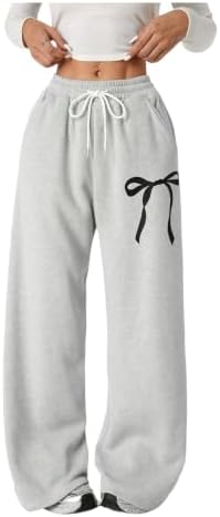 Girl's Bow Baggy Sweatpants Wide Leg Athletic Pants with Pockets Grey 12 Years