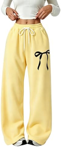Girl's Bow Baggy Sweatpants Wide Leg Athletic Pants with, Yellow