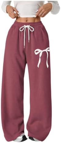 Girl's Bow Baggy Sweatpants Wide Leg Athletic Pants with, Red Violet