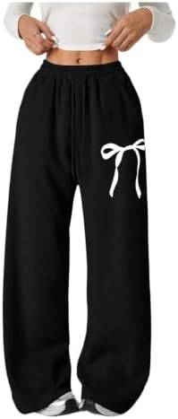 Girl's Bow Baggy Sweatpants Wide Leg Athletic Pants with, Solid Black