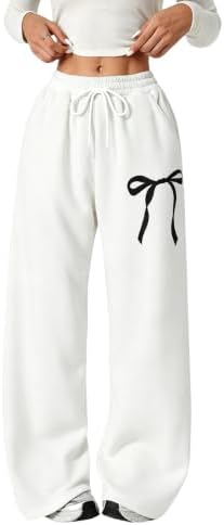 Girl's Bow Baggy Sweatpants Wide Leg Athletic Pants with, Solid White