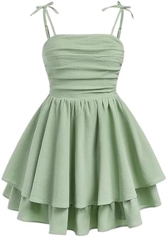 Girl's Bow Tie Shoulder Sleeveless Princess Dress Ruched, Olive Green