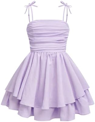 Girl's Bow Tie Shoulder Sleeveless Princess Dress Ruched, Purple