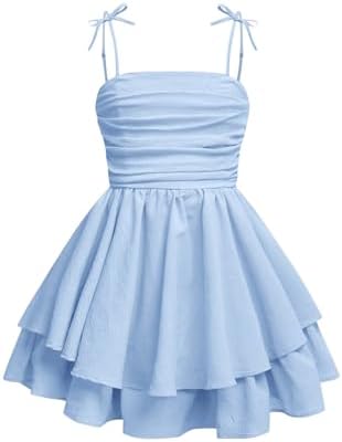 Girl's Bow Tie Shoulder Sleeveless Princess Dress Ruched, Blue
