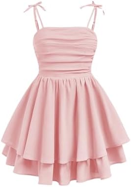 Girl's Bow Tie Shoulder Sleeveless Princess Dress Ruched, Pink