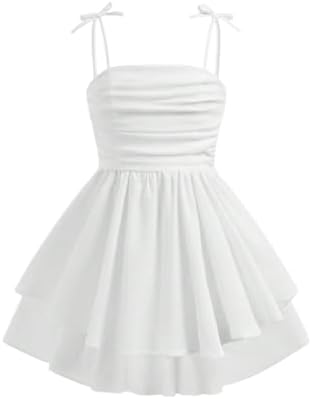Girl's Bow Tie Shoulder Sleeveless Princess Dress Ruched, White