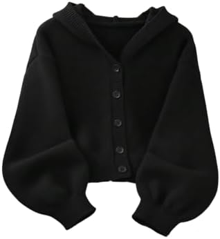 Girl's Cardigan Sweater Button Up Hooded Top Fall Outfit, Black