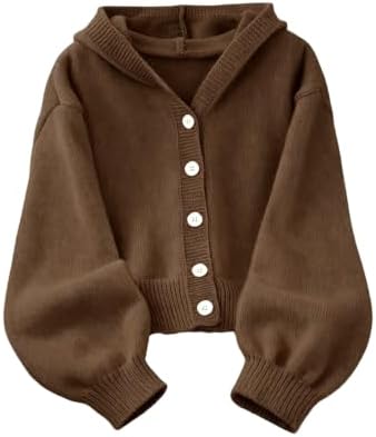 Girl's Cardigan Sweater Button Up Hooded Top Fall Outfit Brown