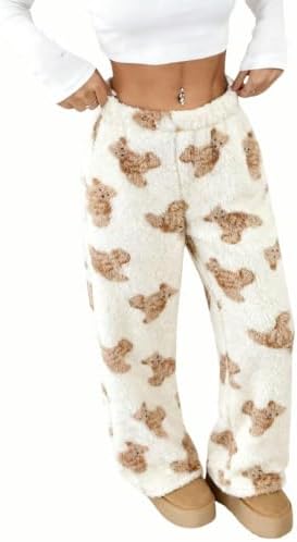 Girl's Cartoon Bear Fuzzy Baggy Pants Wide Leg Fleece, Beige Brown