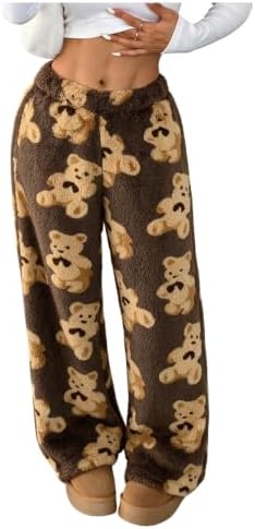 Girl's Cartoon Bear Fuzzy Baggy Pants Wide Leg Fleece, Rust Brown