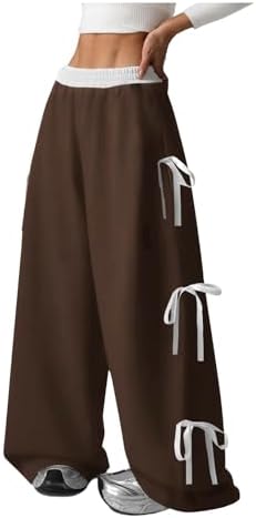 Girl's Coquette Bow Wide Leg Baggy Pants Lightweight Cute, Coffee Brown