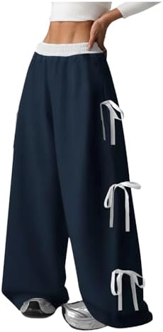 Girl's Coquette Bow Wide Leg Baggy Pants Lightweight Cute, Dark Blue