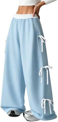 Girl's Coquette Bow Wide Leg Baggy Pants Lightweight Cute, Blue