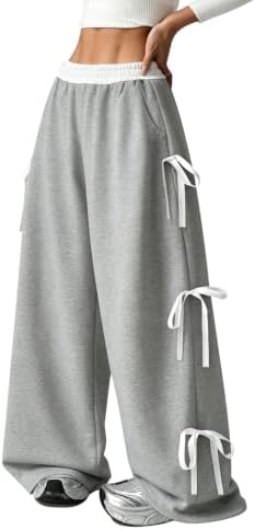 Girl's Coquette Bow Wide Leg Baggy Pants Lightweight Cute, Grey