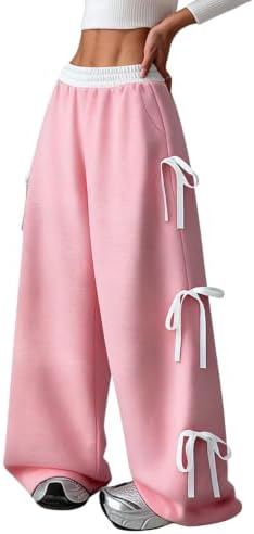Girl's Coquette Bow Wide Leg Baggy Pants Lightweight Cute, Pink