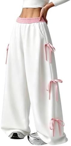 Girl's Coquette Bow Wide Leg Baggy Pants Lightweight Cute, White