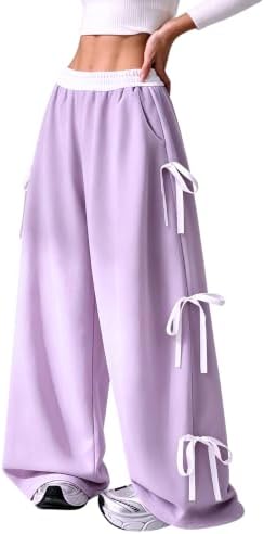 Girl's Coquette Bow Wide Leg Baggy Pants Lightweight Cute, Mauve Purple