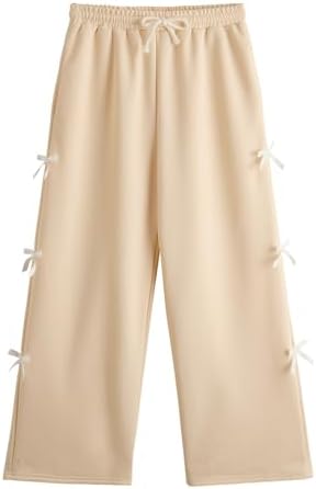 Girl's Coquette Bowknot Wide Leg Sweatpants Drawstring, Apricot