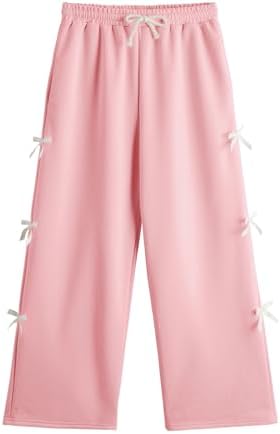 Girl's Coquette Bowknot Wide Leg Sweatpants Drawstring, Pink