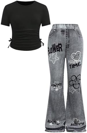 Girl's Cute 2 Piece Outfits Ruched T Shirt Tie Dye Flare, Black