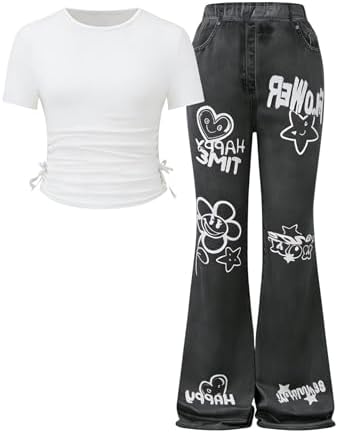 Girl's Cute 2 Piece Outfits Ruched T Shirt Tie Dye Flare, White