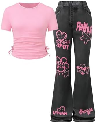 Girl's Cute 2 Piece Outfits Ruched T Shirt Tie Dye Flare Wide Leg Pants