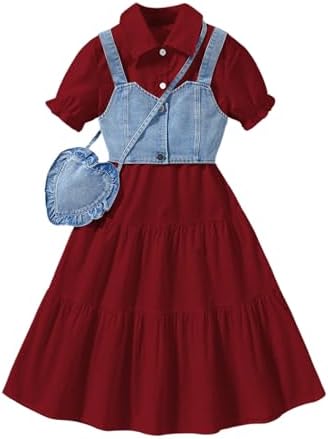 Girl's Flared Ruffle Boho Dresses Button Down Collared, Burgundy