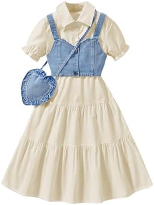Girl's Flared Ruffle Boho Dresses Button Down Collared, Apricot