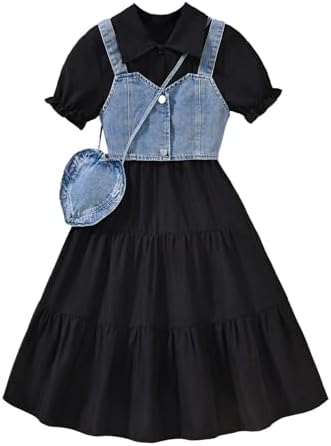 Girl's Flared Ruffle Boho Dresses Button Down Collared, Black