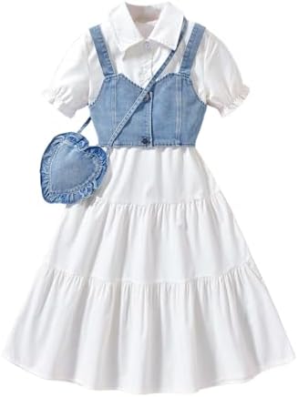 Girl's Flared Ruffle Boho Dresses Button Down Collared Dress with Denim Crop