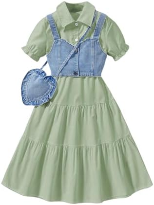 Girl's Flared Ruffle Boho Dresses Button Down Collared, Green