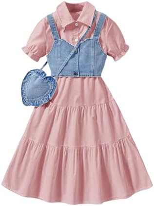 Girl's Flared Ruffle Boho Dresses Button Down Collared, Pink